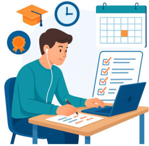 Studente universitario al laptop che seleziona il corso online giusto usando una checklist; in sfondo icone di laurea, orologio e calendario.