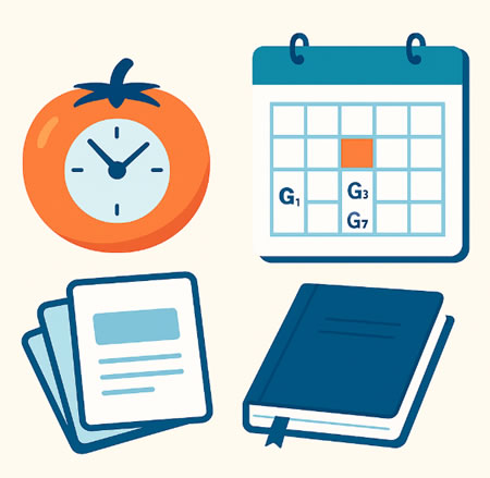 Diagramma della tecnica del Pomodoro e della Spaced Repetition per lo studio: timer a pomodoro, calendario con G1 G3 G7, flashcard e quaderno.