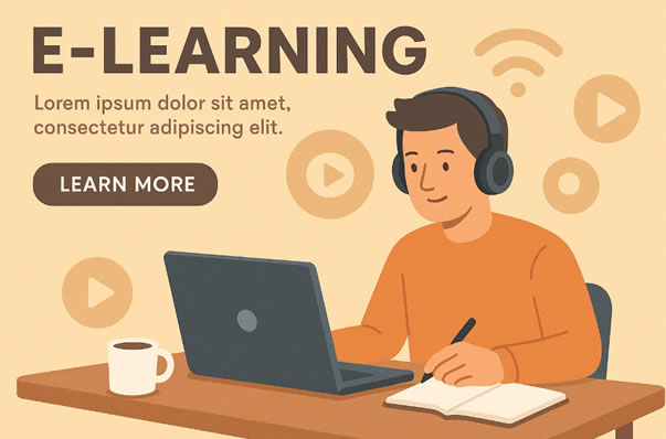 Studiare online: studente con cuffie al laptop, icone play e Wi-Fi, flessibilità e apprendimento digitale.