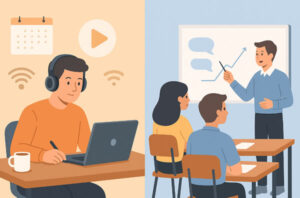 Confronto studiare online vs in aula: studente al laptop e classe con docente alla lavagna, pro e contro.
