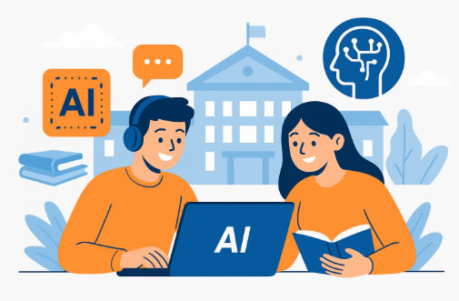 Illustrazione in stile Universando che ritrae due studenti universitari che studiano al computer circondati da icone di intelligenza artificiale (robot e lampadina) e libri, con una palette di colori blu e arancione.