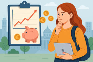 Studentessa universitaria con zaino e tablet che riflette sulle spese universitarie davanti a un grafico dei costi e un salvadanaio – illustrazione flat vettoriale Universando 2025.