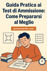 Studente seduto a una scrivania con libri e fogli di quiz, accanto a un cronometro; illustrazione vettoriale in stile Universando con titolo “Guida Pratica ai Test di Ammissione: Come Prepararsi al Meglio” – Universando.com