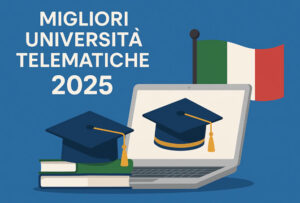 Studente con laptop e cappello da laurea – Migliori Università Telematiche 2025 – illustrazione stile Universando
