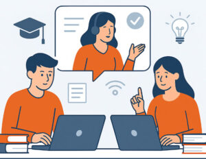 Illustrazione flat vettoriale di studenti universitari che seguono ripetizioni online con tutor in video call, libri digitali e icone di e-learning.