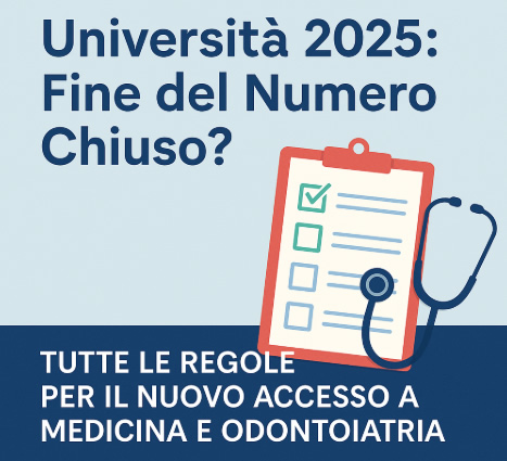 Grafica vettoriale moderna che illustra l’articolo “Università 2025: Fine del Numero Chiuso?”, con clipboard e stetoscopio a rappresentare le nuove regole per l’accesso a Medicina e Odontoiatria.