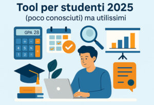 Illustrazione flat vettoriale che mostra uno studente universitario al laptop circondato da icone digitali di calcolatrice, calendario, grafico e cappello di laurea, simbolo dei tool per studenti 2025 di Universando.