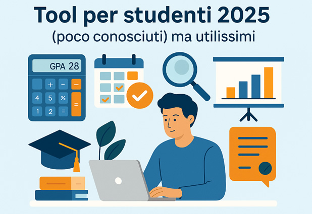 Illustrazione flat vettoriale che mostra uno studente universitario al laptop circondato da icone digitali di calcolatrice, calendario, grafico e cappello di laurea, simbolo dei tool per studenti 2025 di Universando.