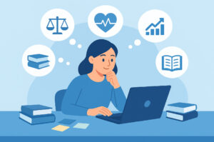 Studente universitario che sceglie l’argomento della tesi al computer – guida pratica Universando