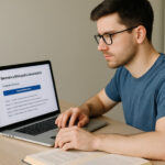 Studente universitario che genera la bibliografia della tesi al computer, con pile di libri accanto, in uno studio moderno – illustrazione stile Universando