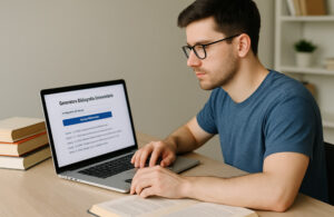 Studente universitario che genera la bibliografia della tesi al computer, con pile di libri accanto, in uno studio moderno – illustrazione stile Universando