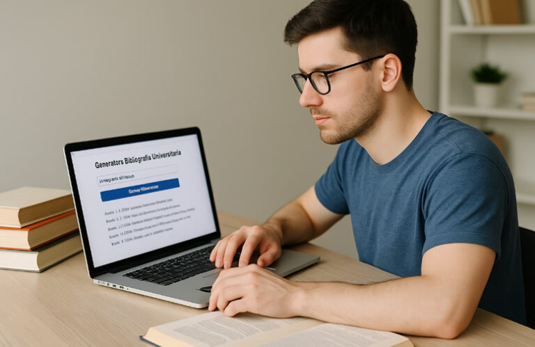 Studente universitario che genera la bibliografia della tesi al computer, con pile di libri accanto, in uno studio moderno – illustrazione stile Universando