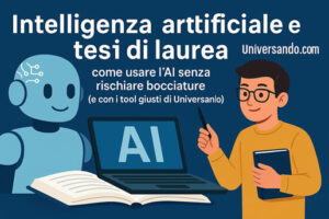 Banner Universando.com con studente e robot che usano l’intelligenza artificiale per la tesi di laurea davanti a un laptop con scritta AI e libro aperto