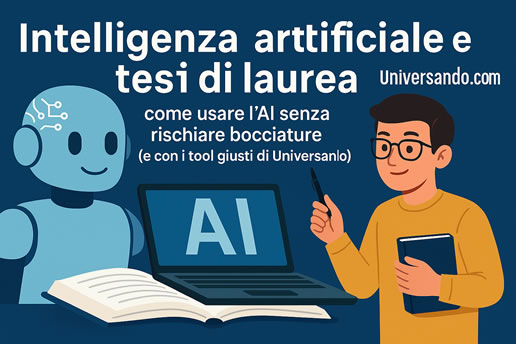 Banner Universando.com con studente e robot che usano l’intelligenza artificiale per la tesi di laurea davanti a un laptop con scritta AI e libro aperto