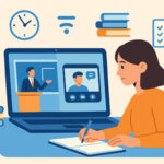 Studentessa universitaria organizza il piano di studio in modalità ibrida tra lezioni online e in presenza sul laptop – guida Universando