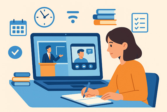 Studentessa universitaria organizza il piano di studio in modalità ibrida tra lezioni online e in presenza sul laptop – guida Universando