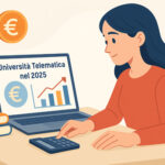 Studentessa calcola il costo della propria università telematica nel 2025 su laptop con grafici e libri