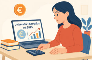 Studentessa calcola il costo della propria università telematica nel 2025 su laptop con grafici e libri