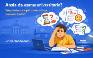 Studente universitario alla scrivania con ansia da esame, circondato da libri, cronometro e voto basso, con la scritta “Ansia da esame universitario? Simulazioni e ripetizione attiva possono aiutarti” e il brand universando.com in stile flat.