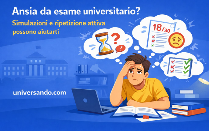 Studente universitario alla scrivania con ansia da esame, circondato da libri, cronometro e voto basso, con la scritta “Ansia da esame universitario? Simulazioni e ripetizione attiva possono aiutarti” e il brand universando.com in stile flat.