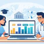 Due studenti seduti a un tavolo consultano al laptop le classifiche universitarie QS, THE, Shanghai e Censis, in un’illustrazione flat in stile Universando.”