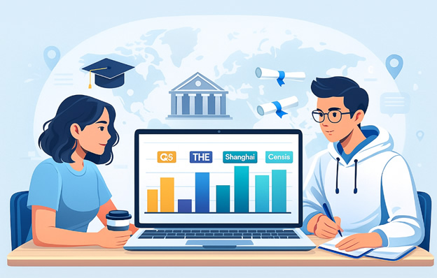 Due studenti seduti a un tavolo consultano al laptop le classifiche universitarie QS, THE, Shanghai e Censis, in un’illustrazione flat in stile Universando.”