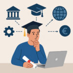 Studente indeciso che sceglie tra diverse università e corsi di laurea, illustrato in stile flat Universando con icone di atenei, mondo del lavoro e costi di studio.