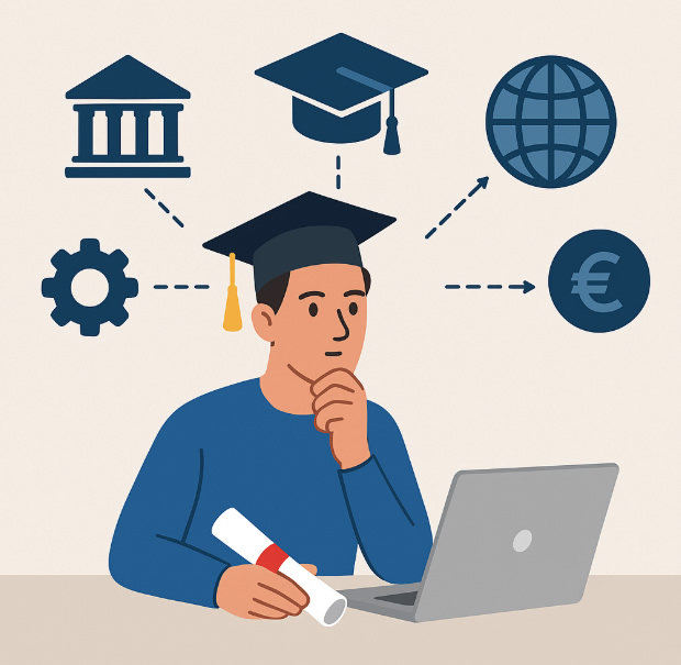 Studente indeciso che sceglie tra diverse università e corsi di laurea, illustrato in stile flat Universando con icone di atenei, mondo del lavoro e costi di studio.