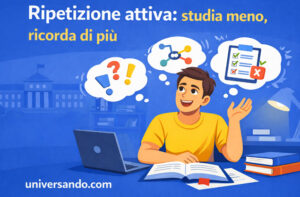 Studente universitario che ripete ad alta voce alla scrivania usando il metodo della ripetizione attiva, con libri, appunti e laptop, in stile flat Universando.
