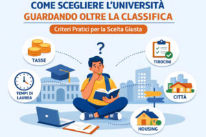 Illustrazione flat: studente indeciso sceglie l’università oltre la classifica, con icone su tasse, tirocini, tempi di laurea, città e housing.”