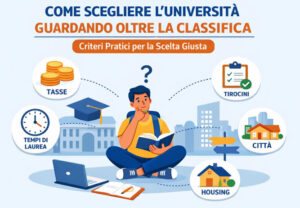 Illustrazione flat: studente indeciso sceglie l’università oltre la classifica, con icone su tasse, tirocini, tempi di laurea, città e housing.”